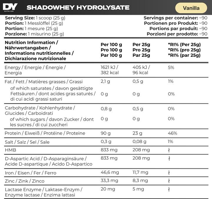 Nährwerte und Zutaten DY Nutrition Shadowhey Hydrolysate (Vanille, 1 Stk., 2270 g)