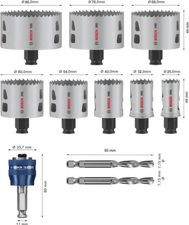Produktbild Bosch Professional Zubehör PRO Multi Material PC Plus Lochsägen-Set, 11-tlg. (25, 32, 54, 60, 68, 76, 86 mm, 40 Millimeter)