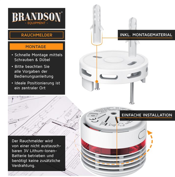 Produktbild Brandson 2x Rauchmelder, 10 Jahre Batterie Li-Ionen, Lautstärke 85dB, LED, Prüftaste, EN14604 & TÜV Geprüft