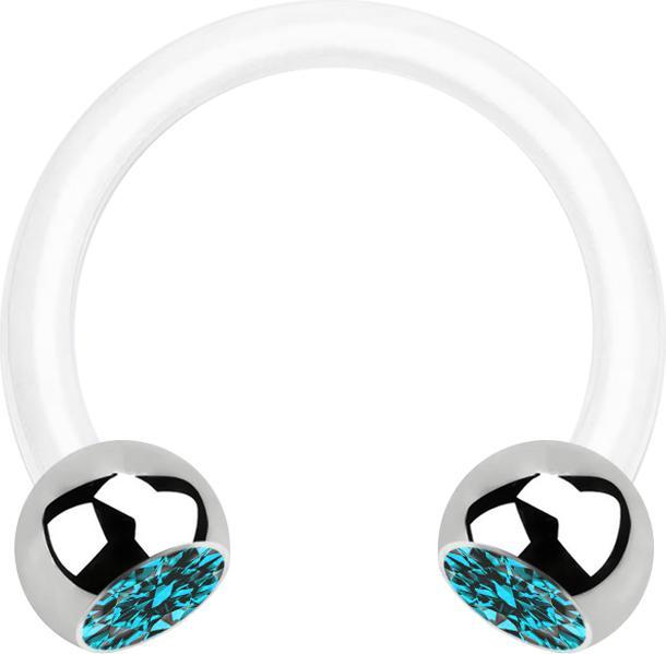 Star Piercing Micro Circular Barbell weiss mit zwei Kugeln silber Kristall aqua (Bioflex, ohne Messing, Chirurgenstahl 316L)