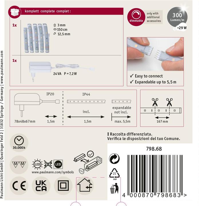 Immagine prodotto Paulmann Set di strisce MaxLED 250 (Bianco caldo, 150 cm, Interno)