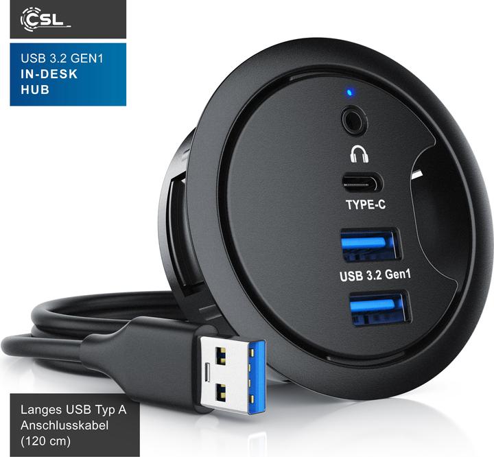Produktbild CSL Multi Hub für Tischkabeldurchführung: 2x USB 3.2 Gen1, 1x USB-C, 1x 3,5mm Audio, Tischkabeldose (USB-A, 4 Ports)