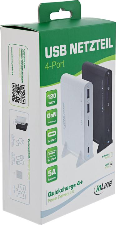 Produktbild InLine USB Netzteil, GaN Ladegerät, 4-Port, Dual USB-C + Dual USB-A, 120W, schwarz (120 W)