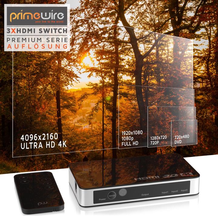 Produktbild Primewire HDMI Switch 4k Ultra HD, 3 Port, Verteiler mit Fernbedienung, 4K, 3D, CEC, ARC
