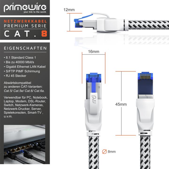 Actual product image Primewire 10x CAT 8 Netzwerkkabel 40 Gbits - Baumwollmantel - LAN Kabel Patchkabel RJ45 - S/FTP PIMF Schirmung (S/FTP, PiMF, CAT8.1, 1 m)