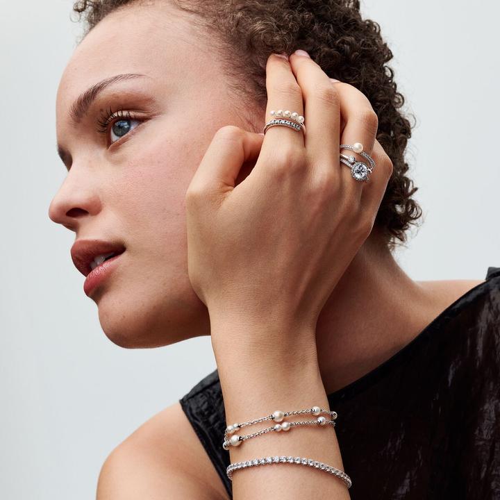 Image du produit Pandora Perle de culture d'eau douce traitée & bague pavée double bande (60, Argent 925)