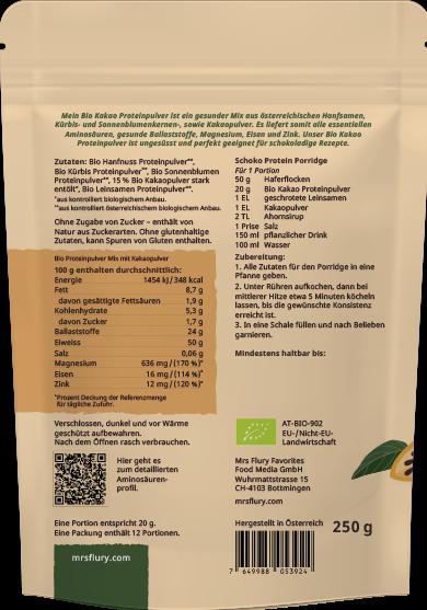 Nutritional values and ingredients Mrs Flury Kakao Protein (Cocoa, 1 pcs., 250 g)