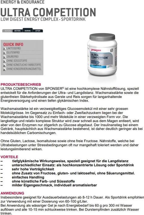 Nährwerte und Zutaten Sponser Ultra Competition (Neutral, 1 Stk., 1000 g)