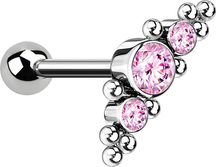 Star Piercing Micro Threadless Barbell silber mit Kugel und mittig mit Kugeln und drei Kristallen pink (ohne Messing, Titan G23)
