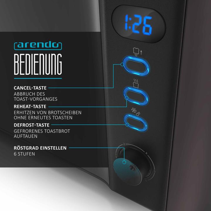 Produktbild Arendo Toaster Edelstahl 2 Scheiben Langschlitz, Brötchenaufsatz, Display mit Restzeitanzeige, Doppelwand