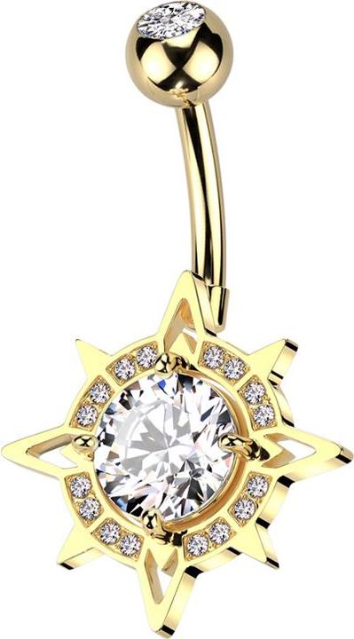 Produktbild Star Piercing Banane vergoldet mit Kugel vergoldet Kristall silber und Kompass Kristalle silber (Chirurgenstahl 316L, Messing)