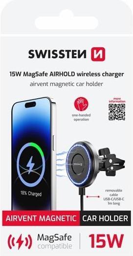 Actual product image Swissten Magnetic Car Holder Airhold with Wireless Charger 15w / 7,5w (Magsafe Compatible)