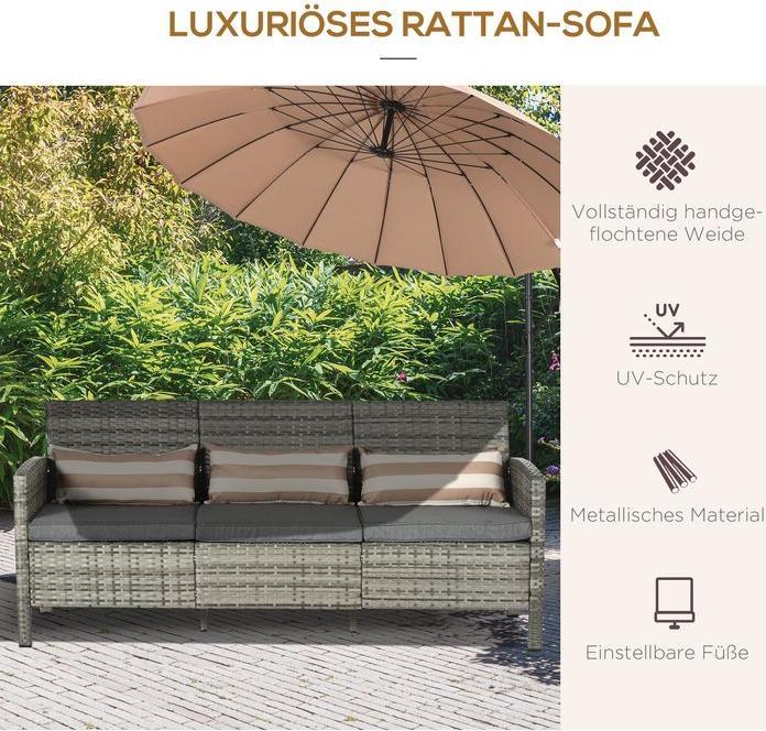 Produktbild Swisshandel24 Rattan Sofa mit Kissen, Dreisitzer, Garten Loungesofa, Stahl, Grau, 173 x 68 x 78 cm