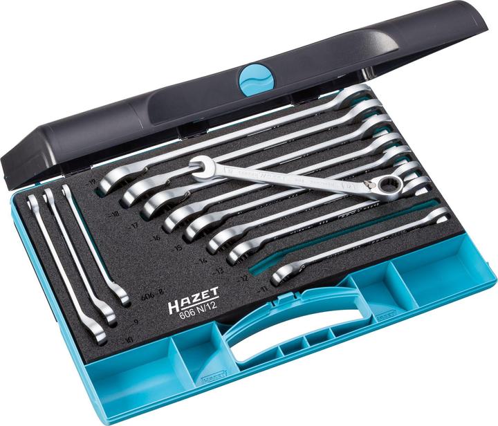 HAZET Ratcheting combination wrench set 606N/12 ∙ Outside 12-point traction profile ∙ 8 - 19 ∙ Numb… (8 mm, 9 mm, 10 mm, 11 mm, 12 mm, 13 mm, 14 mm, 15 mm, 16 mm, 17 mm, 18 mm, 19 mm)