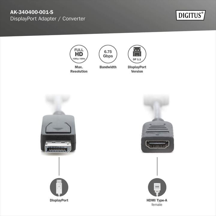 Productafbeelding Digitus DisplayPort adapterkabel, 0,15m (0.15 m, DisplayPort, HDMI)