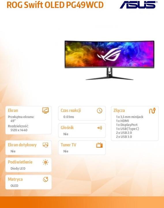 Produktbild ASUS ROG Swift PG49WCD (5120 x 1440 Pixel, 49")