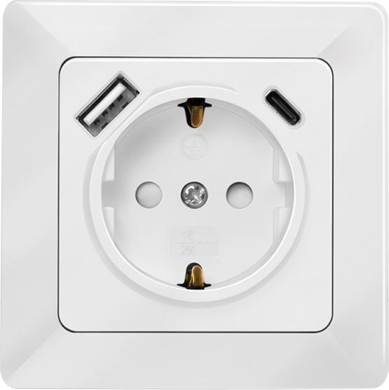 Produktbild LogiLink Unterputz-Steckdose, 1x CEE 7/3, 1x USB-A, 1x USB-C PD