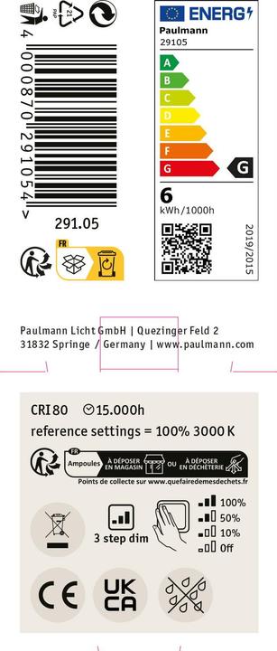 Nutritional values and ingredients Paulmann Reflector 3-step dim low-voltage (GU5.3, 6 W, 445 lm, 1 x, G)