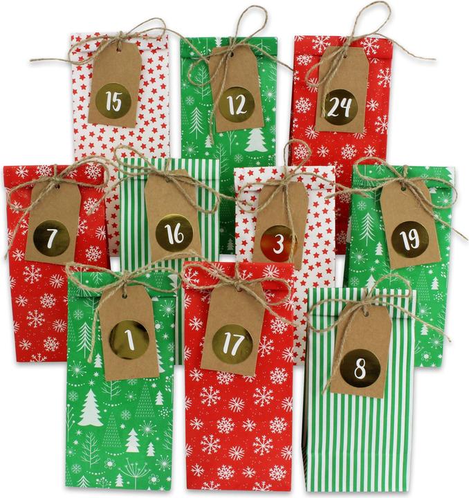 Produktbild Papierdrachen Adventskalender – bedruckte Geschenktüten – Rot Grün