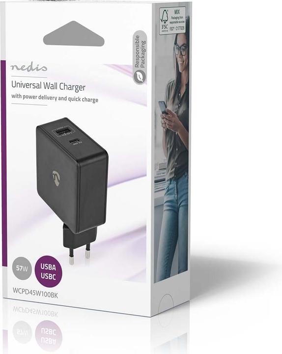Actual product image Nedis Mains charger Fast charging function PD3.0 45W 1x 2.4 A / 1x 3.0 A Number of outputs: 2 USB-A/U (57 W)