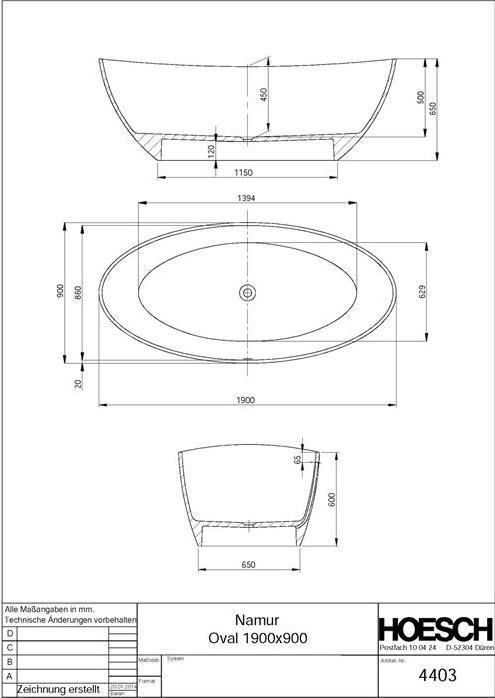 Image du produit Hoesch Baignoire NAMUR 1900x900x450mm pose libre blanc (370 l, 190 cm, 90 cm)