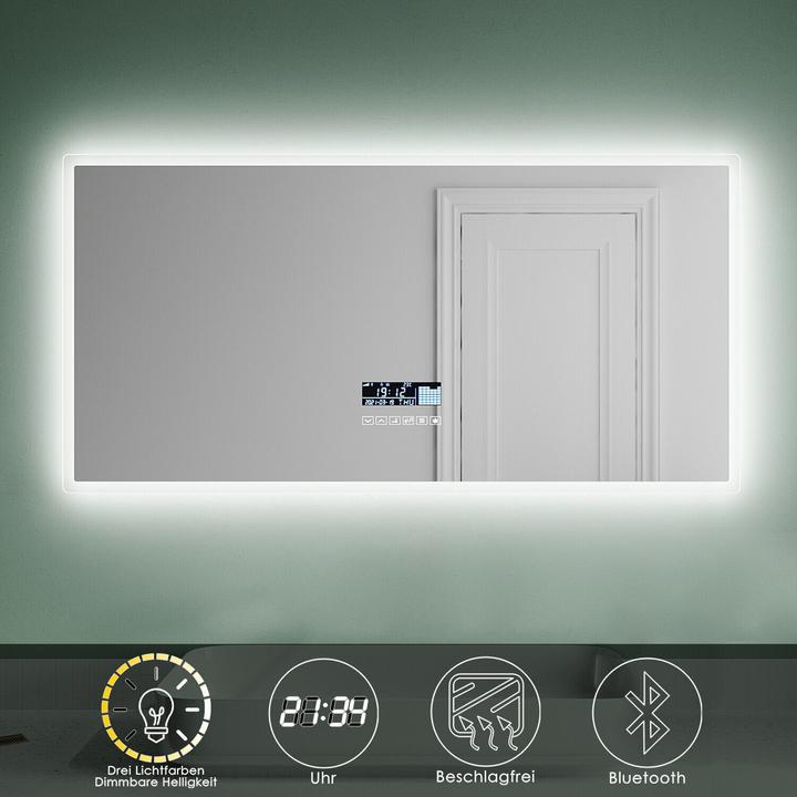 Produktbild SONNI Badezimmerspiegel mit LED-Beleuchtung, 120 x 60 cm, Bluetooth-Lautsprecher + 3 Lichtfarben ein