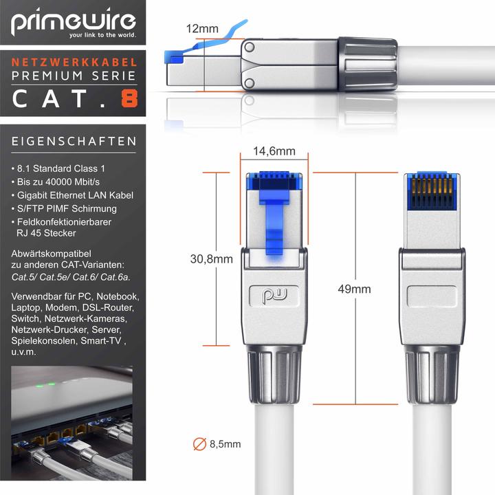 Actual product image Primewire LAN cable CAT.8, RJ-45, network cable CAT 8, Gigabit Ethernet 40 Gbit/s, S/FTP Pimf patch cable (S/FTP, CAT8.1, 0.50 m)