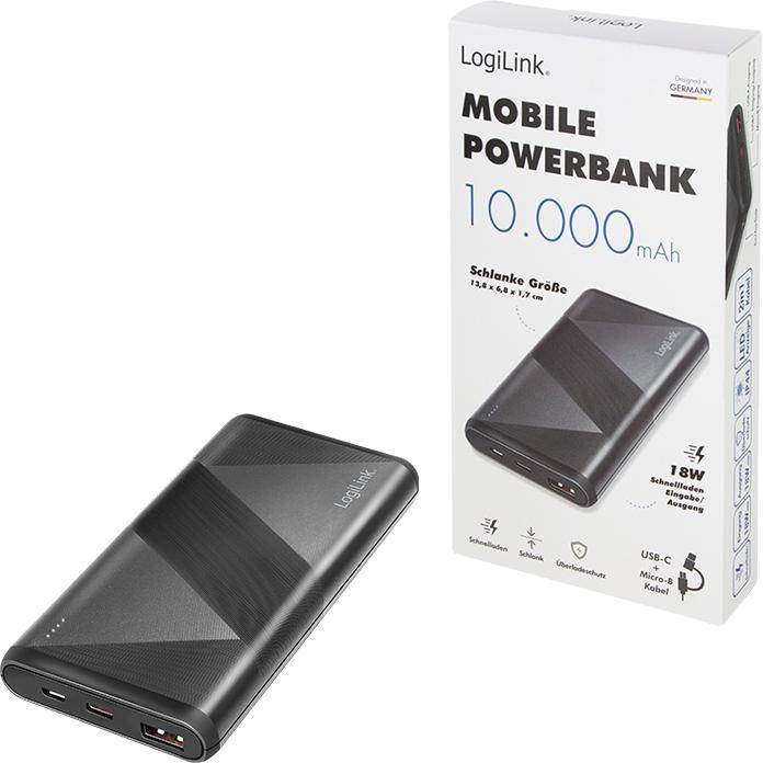 Image du produit LogiLink Batterie d'appoint mobile, 10 000 mAh, 2x USB, noir Batterie d'appoint portable pour smartphones & (10000 mAh, 18 W, 37 Wh)