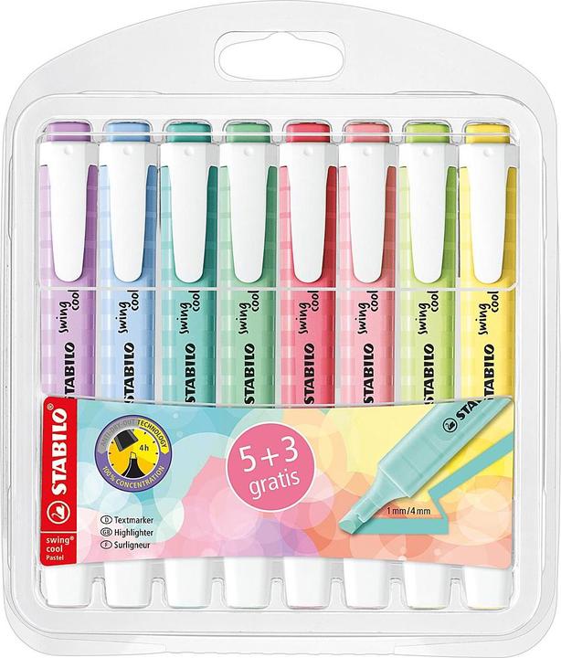 Produktbild STABILO Textmarkeretui 5+3ST Swing Cool sortiert (Zartes Türkis, Wolkenblau, Lila, Rosiges Rouge, Kirschblütenrosa, Hauch von Minzgrün, Prise von Limette und pudriges Gelb, 5 mm, 5 x)