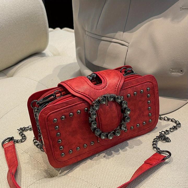 Produktbild Only-Bags.Store Mode Retro-Kupplungstasche Nieten-Motorradtasche Ketten-Umhängetasche Schwarze Handytasche
