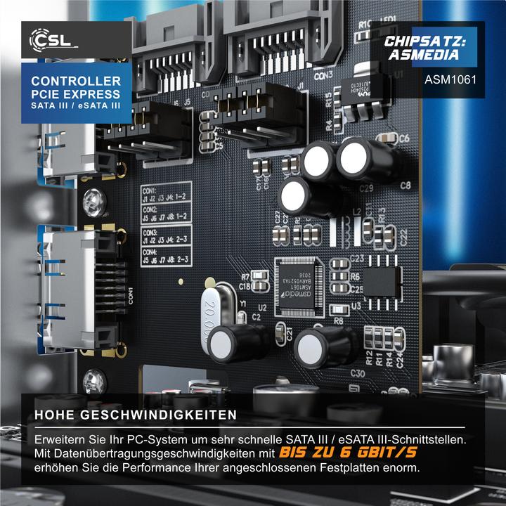 Produktbild CSL PCIe Karte, SATA III / eSata III, 2x intern SATA, 2x extern eSATA Controllerkarte