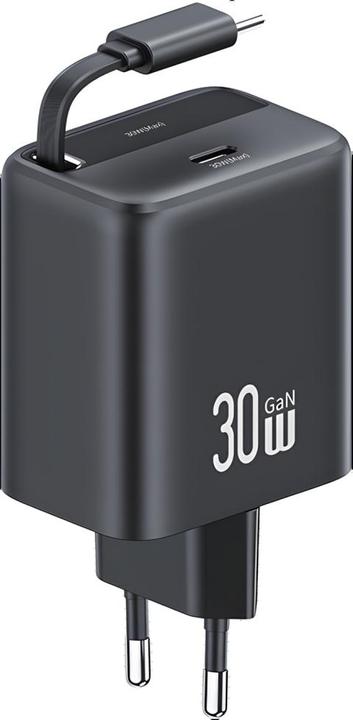 Actual product image Usams Ład. siec. 1xUSB-C ze zwijanym kablem USB-C Retractable PD+QC 30W Gan Fast Charging czarny/bla (30 W)
