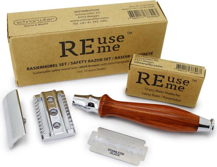 Produktbild ReUseMe Rasierhobel aus Holz dunkelbraun mit Stahlklinge inklusive 10 Ersatzklingen