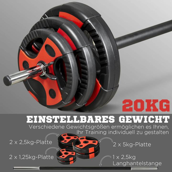 Image du produit Homcom Ensemble d'haltères longs 20 kg, y compris 6 disques d'haltères, barre antidérapante, noir+rouge (2 x 5 kg)
