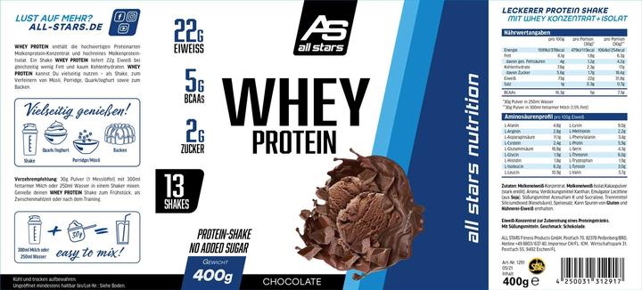 Valori nutrizionali e ingredienti All Stars 100% Proteine del siero del latte (barattolo da 400 g) (Chocolate, 1 pz., 400 g)