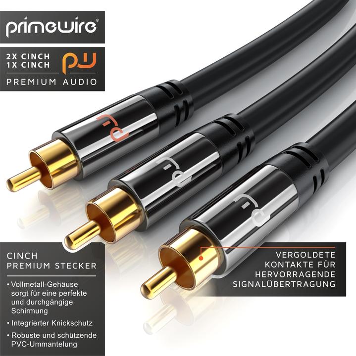 Actual product image Primewire Cinch Audio Cable - Y-Cinch Coaxial Cable - Subwoofer Cable - 1 Cinch Plug to 2 Cinch Plugs (7.50 m, Cinch)