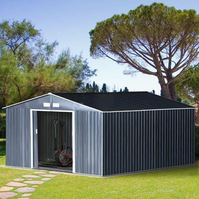 Produktbild Swisshandel24 Gerätehaus mit Fundament Geräteschuppen Gartenhaus Garten Schuppen Metall Kohlegrau 340 x 386 x 200