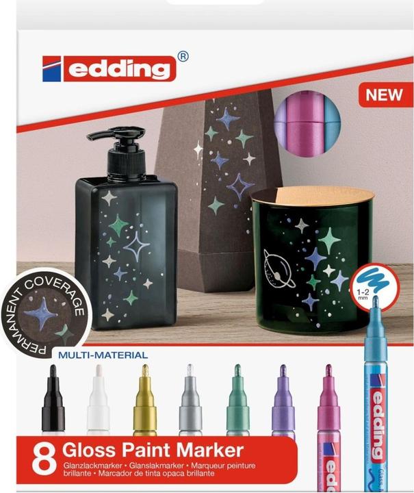 Produktbild Edding Glanzlackmarker (Schwarz, Weiss, Silber, Rosa, Gelb, Kupfer, Gold, Hellblau, 2 mm, 8 x)