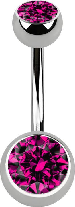 Star Piercing Banane silber mit zwei Kugeln silber Kristall fuchsia (Titan G23, ohne Messing)