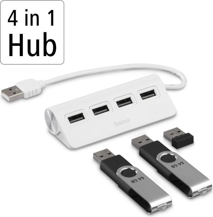 Image du produit Hama Hub USB-A, 4 ports, USB 2.0, 480 Mbit/s, blanc (USB-A, 4 Ports)
