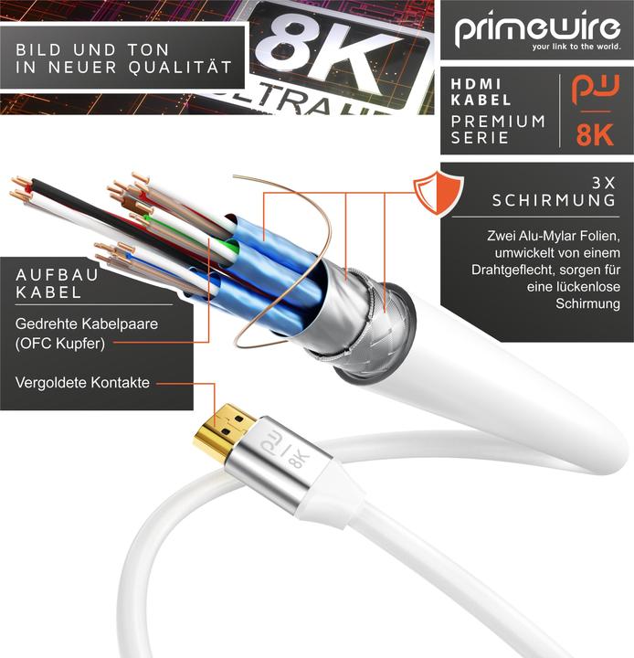 Produktbild Primewire HDMI Kabel 2.1, 8K 60 Hz, Premium Ultra HD, High Speed 7680 x 4320 @ 120 Hz - 4k @ 240 Hz mit DSC (3 m, HDMI)