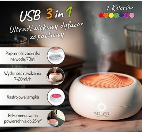 Immagine prodotto Adler AD 7969 Diffusore di aromi a ultrasuoni USB 3in1, bianco (70 ml)