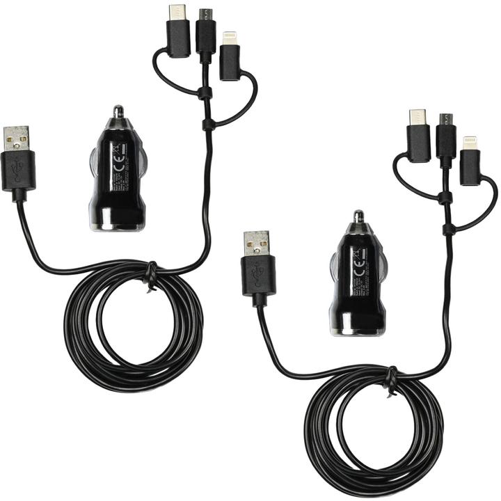 Produktbild Benson 2er-Set 3in1 Kfz-Ladegerät mit USB-C, Micro-USB & Lightning Anschlüssen, schwarz