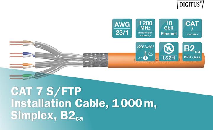 Produktbild Digitus CAT 7 S-FTP Installationskabel, 1200 MHz B2ca (EN 50575), AWG 23/1, 1000 m Trommel, Simplex, Farbe O (S/FTP, CAT7, 1000 m)