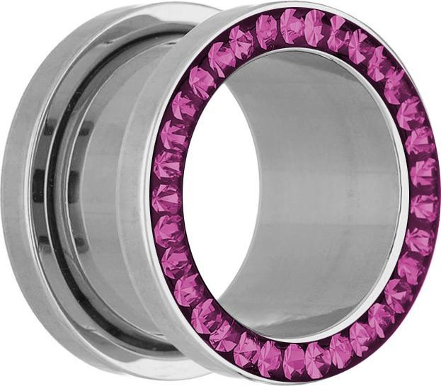 Star Piercing Flesh Tunnel silber mit Kristall fuchsia und Epoxy Schutzschicht (Chirurgenstahl 316L, ohne Messing)