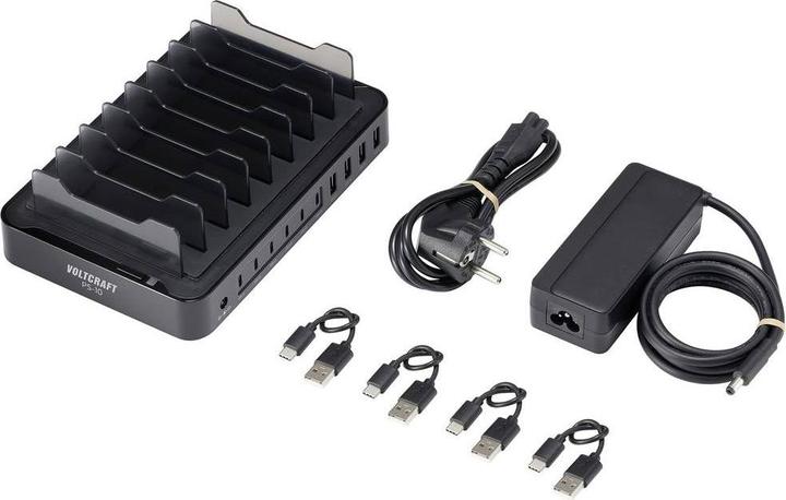 Actual product image Voltcraft Desktop charging station 120W Output current (max.) 3A Number of outputs: 10 x USB-A, USB-C® (120 W)