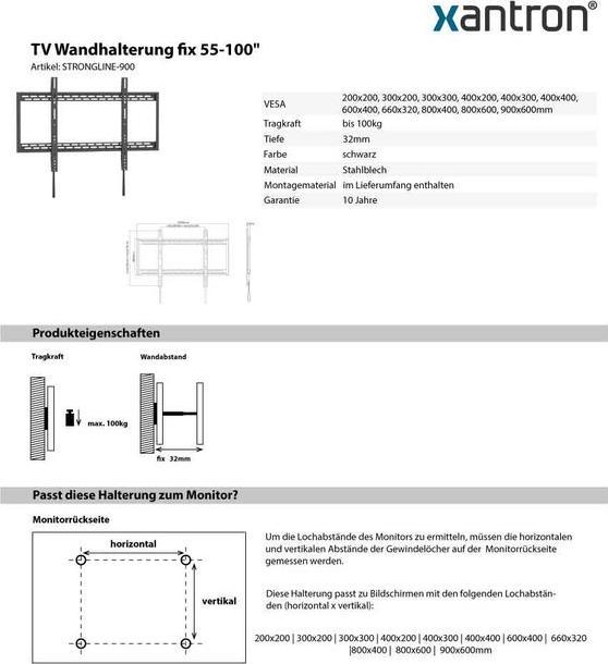 Produktbild Xantron Strongline-900 (Wand, 100", 100 kg)