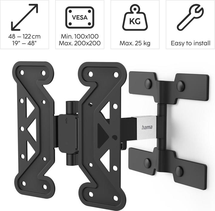 Image du produit Hama Support TV mural, inclinable, pivotant, extra-plat, 122 cm (48") jusqu'à 25 kg (Mur, 48", 25 kg)