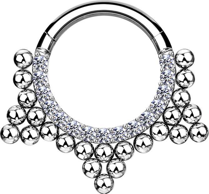 Produktbild Star Piercing Micro Segmentring klappbar silber front Kristalle silber und Kugeln Dreieck (ohne Messing, Chirurgenstahl 316L)