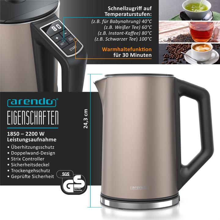 Immagine prodotto Arendo Set per la colazione, bollitore in acciaio inox da 1,5 l con selezione della temperatura e (1.50 l)